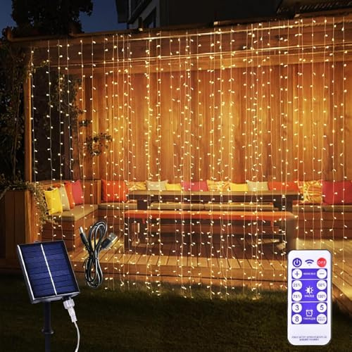 XINXIANLIAN 300LED Solar Curtain Lights Outdoor Indoor 8 Modes Solar Fairy Curtain String Lights Waterproof Twinkle Lights for Home Garden Patio Gazebo(Warm White)