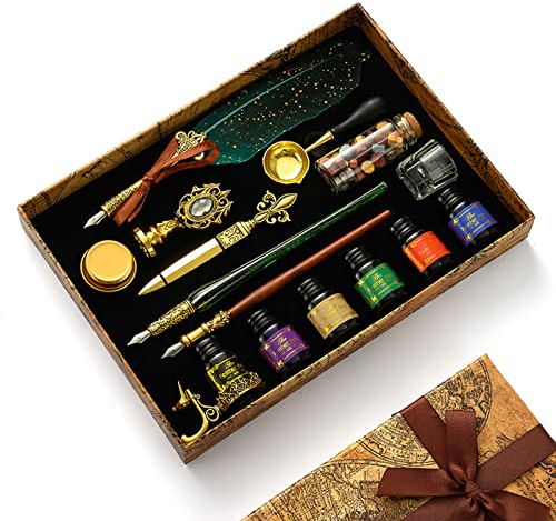 Joyeee Dip Pen avec 18 Plumes de Rechange Porte Stylo, stylos trempés en verre de cristal, Sceau et Cire, kit debutant boit cadeau