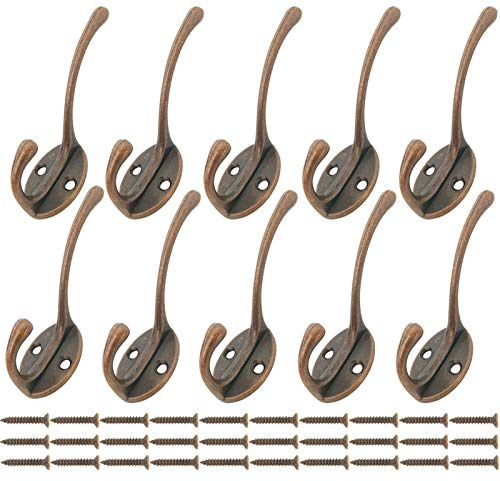 Mokife Gancho Perchero Rustico, 10 Piezas Retro Percheros Ganchos Dobles de Metal para Colgar Abrigos Ropa Batas Toallas Bolsas Sombreros Gorras Llaves Bufandas Tazas, Cobre