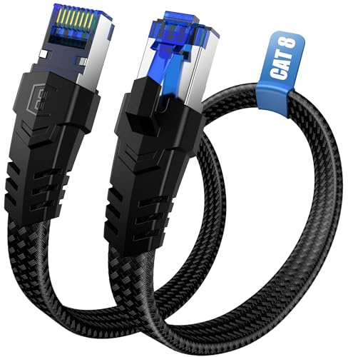 Cable Ethernet Cat 8- 1M 2M 3M 5M 10M 15M 20M 30M RJ45 Câble Réseau LAN | Nylon Tressé 40Gbps 2000MHz Haute Vitesse Cable Lan, Plat Gigabit Câble Internet pour PC,TV,Modem,Cadeau pour les joueurs-25M