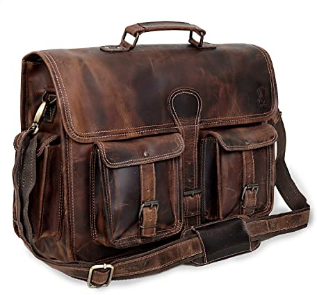 Dhk Devil Hunter Killer Leder Laptop Umhängetasche Vintage Aktentasche Umhängetasche für Männer und Frauen VINTAGE BRAUN 18 Zoll