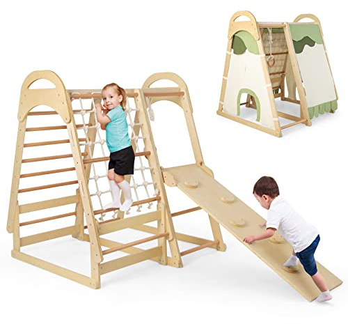 RELAX4LIFE 6 en 1 Juego de Escalada multifunción, Parque Infantil de Madera Maciza con tobogán y Anillos de Gimnasia, Uso Interior y Exterior, para niños 1-5 años, Carga 60 kg (Modelo 2 Natural)