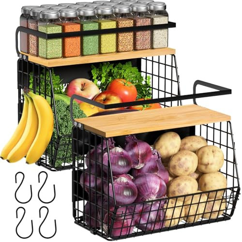 2 Set Magnetic Storage Rack for Fridge with Wood Lid – Large Metal Basket for Fruit, Onion, Potato & Pantry Organisation – Magnetic Spice Rack for Refrigerator, Cabinet or Kitchen Countertop