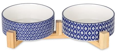 Selamica Ceramic 14 OZ Dog Bowls with Wooden Stand, Anti-Slip Dog Dishes Set for Cats & Small Dogs, Weighted Pet Bowls Set of 2, Vintage Blue