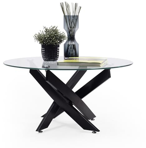 Homely - Mesa de Centro Dalila Black | Cristal Redondo | Diseño Moderno | Salón, Comedor, despacho, Dormitorio | 80 cm de diámetro | 80x80x40 cm | Original Base metálica Color Negro