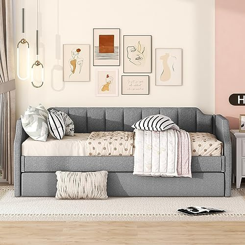 NNJN 90 x 200cm(190) Day-Betten, Gepolstertes Einzeltagesbett mit Rollbett, Schlafsofa (Grau)(Ohne Matratze)
