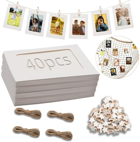 Ziamzra 40 Stück Weiß Fotogirlande 10x15 cm Fotos Aufhängen DIY Kraftpapier Bilderrahmen 40 Stück Kleine Klammern für Fotos Aufhängen 4 Stück Fotoleine für Geburtstag Hochzeit Party Wand Deko