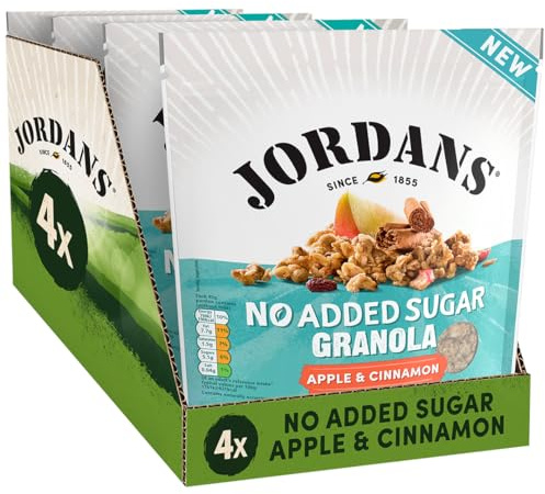 JORDANS No Added Sugar Granola, Apple and Cinnamon, Breakfast Cereal, High Fibre, 4 Packs of 425 g