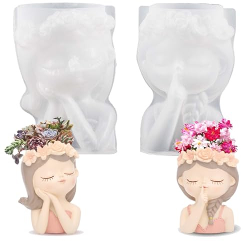 BUKCYUE 2 Stück Mädchen Silikonform, Süße 3D Vase Form, Blumentopf Kopf, Beton Gießform für DIY Sukkulenten Pflanzgefäße Handwerk