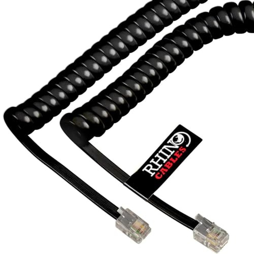 rhinocables RJ10 Coiled Cable (3m) Curly Handset Lead with Gold-Plated RJ10 (4P4C) Clips | Flexible Replacement Wire for Landline Phones, Fax Machines & Business Comms Systems (10 Pack, Black)