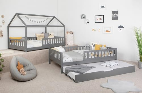 TiCAA 2 in 1 Bodenbett wandelbar mit abnehmbaren Dach Duo 90x200, 100x200 cm, 120x200 cm, 140x200 Weiß für Jungen & Mädchen mit Zusatzbett, Rausfallschutz & Rolllattenrost – aus Kiefer Massivholz