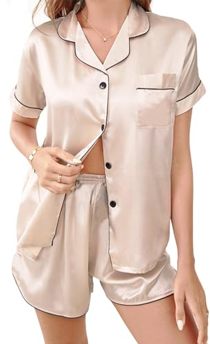 Feelorna Pyjama en satin pour femme avec bouton - Deux pièces - Vêtement de nuit en soie - Vêtement de nuit d'été, Couleur champagne., M