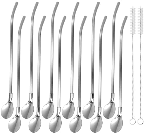 12 Stück Strohhalm Löffel 2 in 1 Strohhalme Edelstahl Trinkhalme Strohhalmlöffel mit 2 Stück Reinigungsbürste für als Latte Macchiato Cocktail Milchshakes, Silber