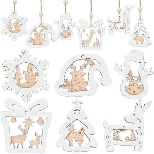 SEPGLITTER Weihnachtsbaumschmuck Set 12 Rustikale Bauernhaus Holz Weihnachtsschmuck 3D Holz Weihnachtsbaum Ornamente für Familie Büro Festliche Dekoration Geschenkanhänger Winterdeko