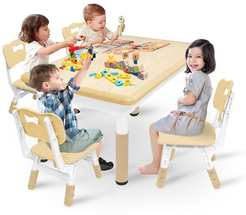 YRHome Barnbord med 4 stolar höjdjusterbart barnbord grupp grått barn bordsset plast barnmöbler bord stol set för barnrum och dagis sittgrupp från 2 år – träfärg, 120 x 60 cm