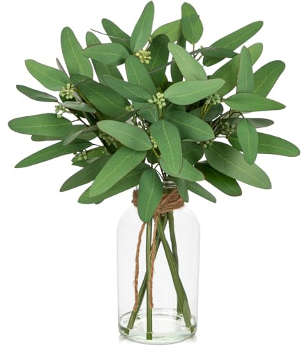 Hollyone Künstliche Eukalyptus Zweige mit Klarglas Vase, 39cm Gefälscht Pflanze Deko Eukalyptus Blätter für Hochzeit Tischdeko Büro Wohnzimmer Küche Dekoration