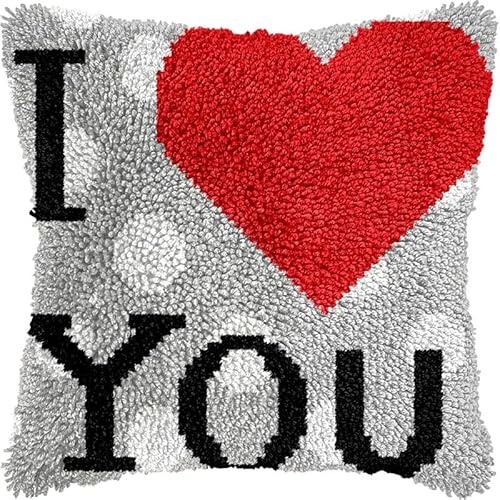 I Love You – Kit de broderie au crochet pour adultes, taie d'oreiller avec fil pré-imprimé, coussin tricoté pour maison, canapé, 43,2 x 43,2 cm (z5)
