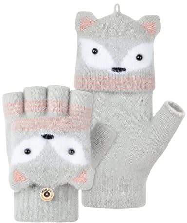 MELLIEX Guantes sin Dedos Niño, Flip Top Guantes Niño Invierno, Cálido Medio Dedo Manopla para Niños Niñas 5-10 Años，Zorro-Gris
