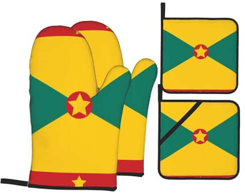 Guanti Da Forno E Presine Da Cucina Set, Flag Of Grenada Set Di Guanto Da Forno Addensare Guanti Da Cucina Professionale Kit Guanti Da Forno Per Microonde Cucina Cottura