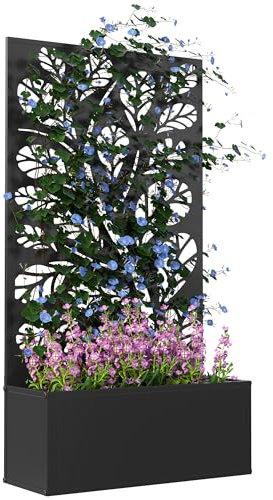 Outsunny Metal Garden Bed with Trellis, Wall Mounted or Freestanding Raised Planter with Privacy Panel, Twig and Leaf Cut-out Privacy Screen with Planter Box for Climbing Plants, Flowers, Vegetables