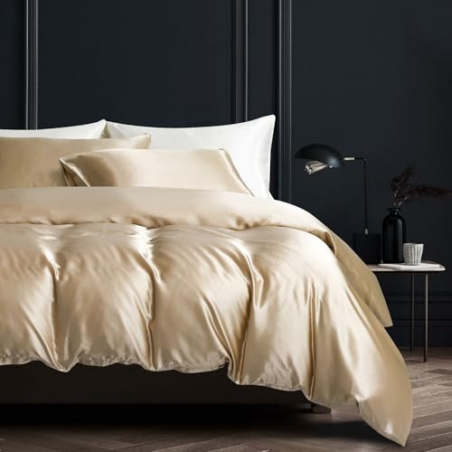YASMENG Housse de Couette Satin 220x240 Beige Or Uni Brillant Deluxe Parure de Lit Satin Doux Lisse Soyeux Soie Linge de Lit 2 Personne Adulte avec Fermeture Éclair et Taies d'oreiller 65x65 cm
