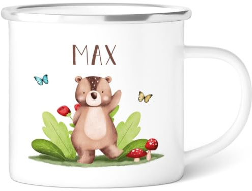GRAVURZEILE Emaille Tasse für Kinder - Tiergruppe Waldtiere - Personalisiert mit Namen - versch. Tiermotive zur Auswahl - 300 ml - Trinkbecher für Kinder - Geschenk für Jungen & Mädchen