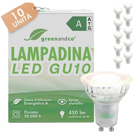 greenandco 10x GU10 | sostituisce 44W | bianco freddo 6500K | 2.5W 450lm | 100° | senza sfarfallio | classe di efficienza energetica A | lampadina LED 230V | non dimmerabile