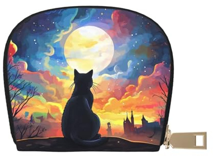 SHFJASBNUMG Black Cat Leather Bag Starry Night Wallet Bright Moon Card Pack New Parents - Pediatrician and Pharmacy Cards 9X11CM