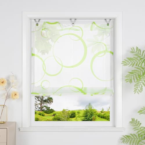Heichkell Transparent Raffrollo mit Kreis Rollo ohne Bohren Moderne Gardine Raffgardine mit Ösen Grün BxH 80x130 cm