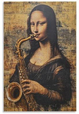 BNCEDJK Mona Lisa spielendes Saxophon-Poster, Wandkunst, Dekordruck, Bild, Gemälde für Wohnzimmer, Schlafzimmer, Dekoration, 60 x 90 cm