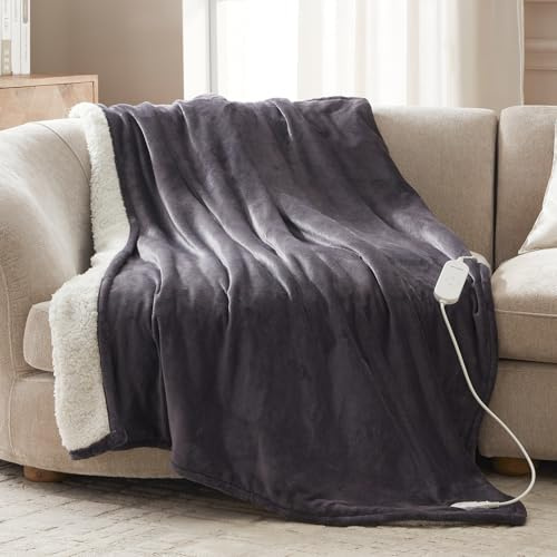 Heizdecke 130x180 cm, Heizdecke mit Abschaltautomatik, Wärmedecke mit 9 Heizstufen und 10 Stunden Timer, Speicherfunktion Überhitzungsschutz Elektrische Kuscheldecke für Bett (Dunkelgrauer Flanell)