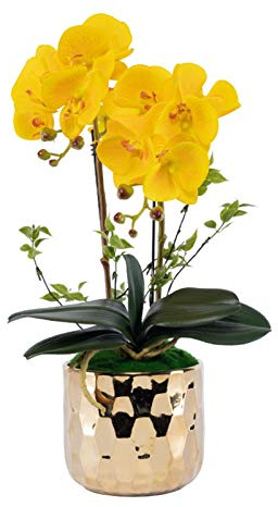 SdaryWare Artificial Flower In Pot Artificial Flowers Phalaenopsis - Orchid Faux Flowers In Gold Ceramic Pot - Wedding Party Dining Table Centerpiece Decor,Green-t,Yellow-t