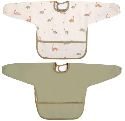 MIMUSELINA | Set di 2 Bavaglini Neonato Impermeabili | Bavaglino con Maniche Lunghe | Chiusura Regolabile e Polsini Elastici | Bavaglino Svezzamento | Ideali per Asilo Nido (Dino)