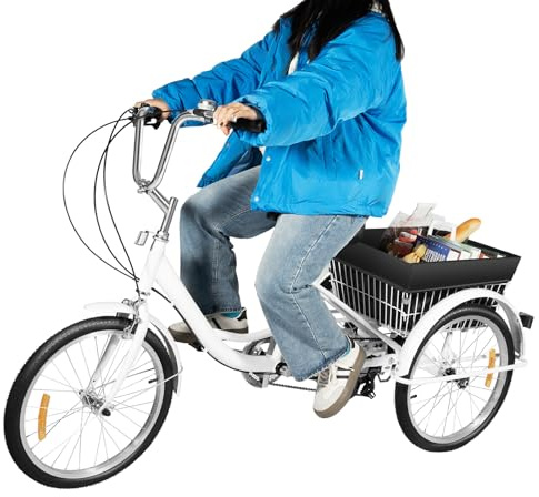 DioPaiB 20 Zoll Dreirad für Erwachsene, 3-Rad-Dreirad mit Einkaufskorb, 8-Gang Lastenfahrrad Höhenverstellbar 73.5-92cm, 3-Rad-Fahrrad Tragfähigkeit 110kg, für Erwachsene & Senioren, Weiß