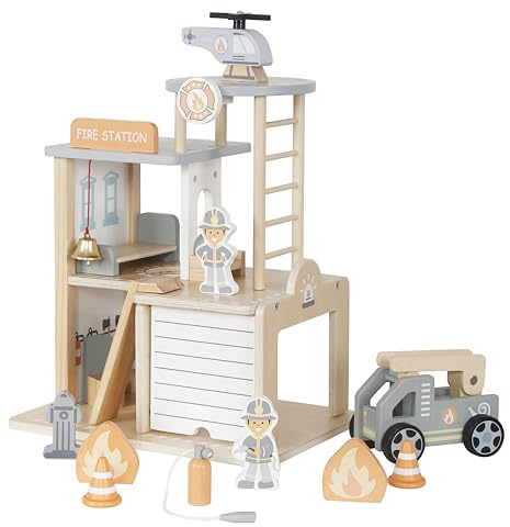 HYGRAD® Wooden Fire Station Play Set - Fire Station with Helicopter Landing Area, Fire Engine, Helicopter, 2 Figures & Accessories - Children's Toy from 3 Years