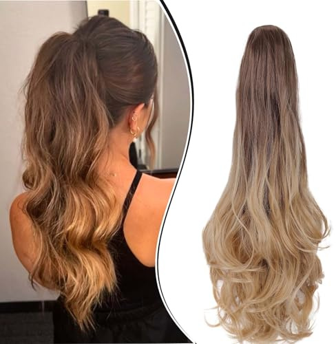 Dcbaboo Hästsvans, hårdel, fläta, förlängning med klämma, vågig lång ponytail förlängningar, hårförlängning, klipp, syntetisk, vågig hästsvans, hårförlängning fläta, 45 cm brun, ombre blond