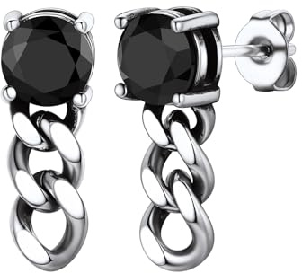 Bandmax Ohrringe für Herren Ohrstecker mit schwarzem rundem Zirkonia Männer Edelstahl Creolen Silber Hypoallergene Ohrringe mit kubanischer Kette Coole Ohr Piercing Rock Ohrschmuck für Freund