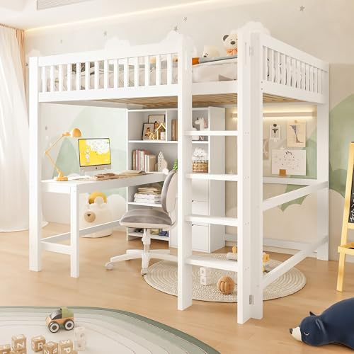 ZIDEY Hochbett 140x200 mit Schreibtisch&Ablagefächer&Schubladen, Kinderbett mit Leiter, Holzbett Stockbett Jugendbett Bettgestell mit Lattenrost,Ohne Matratze