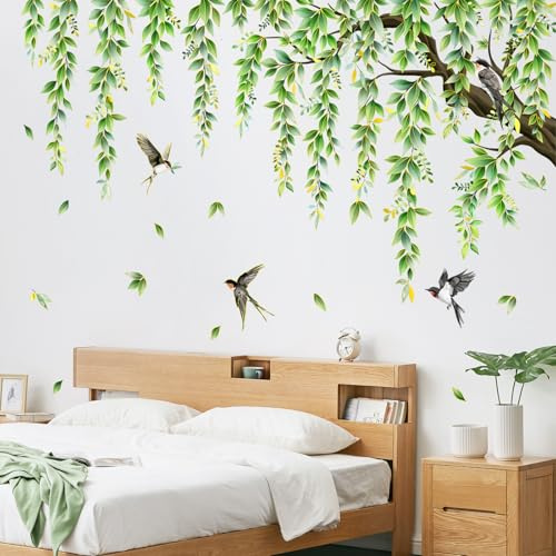 Supzone Large Tree Wall Stickers Tree Branch Green Leaves Birds Wall Decals Spring Wall Art Decor for Living Room Bedroom Sofa TV Background Decor