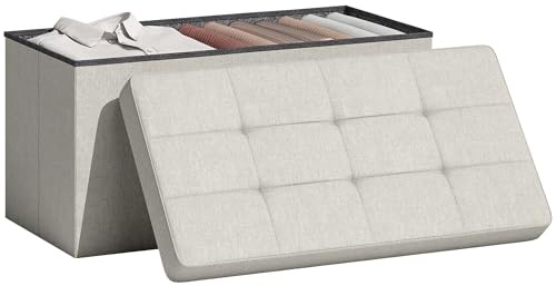 HOMCOM Puff Almacenaje, Banco Almacenaje Plegable, 84 L, 76x38x38 cm, Tapizado en Lino Sintético, Baúl de Almacenamiento, Carga 120 kg, Taburete para Sala de Estar, Dormitorio, Entrada, Crema