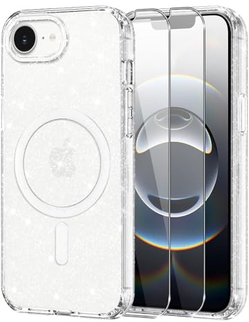 Knrlqim Funda para iPhone 17e/16e, Compatible con MagSafe, Brillantina | Carcasa Transparente TPU, con 2x Cristal Templado, Antigolpes Antiarañazos, Glitzer Case para iPhone 17e/16e, Anti-Amarilleo