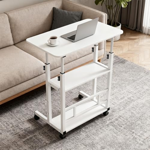 OHMG 60x40 cm rullbord för säng och soffa, rullbord med 1 låda och 2 hyllor, flyttbart skrivbord med justerbar höjd 74,5-95,5 cm, extrabord med 4 låsbara hjul