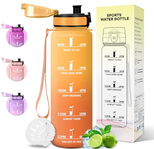 Motswedi Botella Agua 1L, Plástico, Botella Deportiva, a Prueba de Fugas, Botellas Gimnasio 1 litro, Cantimplora, con Marcador de Tiempo, para Gimnasio, Oficina, Yoga, Amarillo ámbar & Naranja