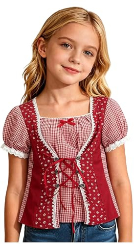 Generico Camicia Bambina A Quadri Stile Bavarese Oktoberfest Blusa Top con Volant Farfalla Brette Pizzo Maniche Corte Elegante Carina per Feste Uniforme Scolastica Uso Quotidiano