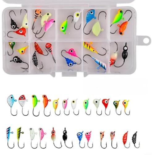 Juego de 30 señuelos de pesca en hielo, de metal luminoso, diferentes formas, 15-28 mm, pintura de alta calidad para trucha, perca para lucio, equipo de pesca de invierno, multicolor
