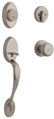 Kwikset Chelsea Front Door Lock Handle and Deadbolt Set, Entry Handleset Exterior with Interior Door Knob, Satin Nickel, Pick Resistant SmartKey Rekey Deadbolt Security