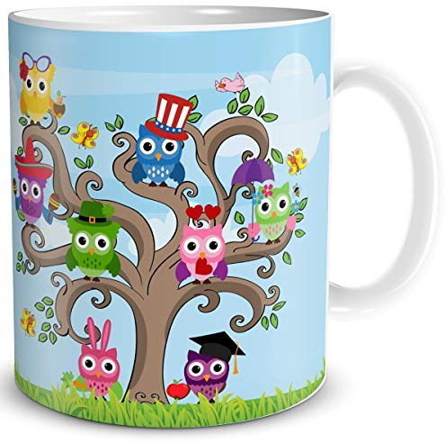 TRIOSK Tasse Eule lustig mit Eulenmotiv Eulen Baum Eulendesign Geschenk für Eulenliebhaber Frauen Mädchen Freundin Bunt