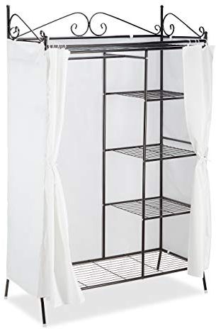 Relaxdays Metall Garderobe COUNTRY 172 x 105 x 45 cm HxBxT, Landhausstil Kleiderschrank mit Stoffvorhang, schwarz-weiß