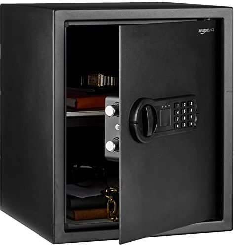 Amazon Basics Elektronischer Tresor aus Stahl mit programmierbarem digitalem Tastenfeld für Schmuck, Geld, Wertsachen, 43 l, 35 cm x 33 cm x 42 cm (B x T x H), Schwarz