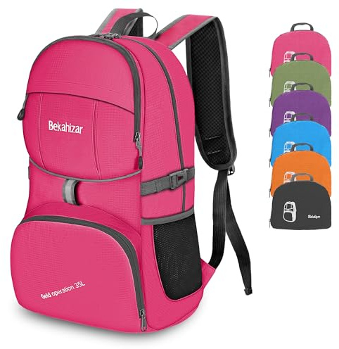 Bekahizar Lightweight Foldable Backpack 35L Hiking Rucksack Daypack Packable Travel Day Bag for Men Women Teens Outdoor Sports Walking Camping Travelling Cycling (Pink)